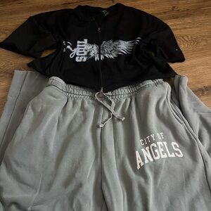 2 PIECES Black Graphic Zip-Up Jacket and Gray Sweatpants Set